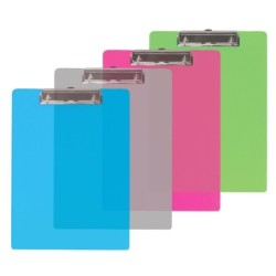 4/pk 9x12 inches Standard size Transparent Plastic Assorted color Clipboard w/ Low Profile Clip