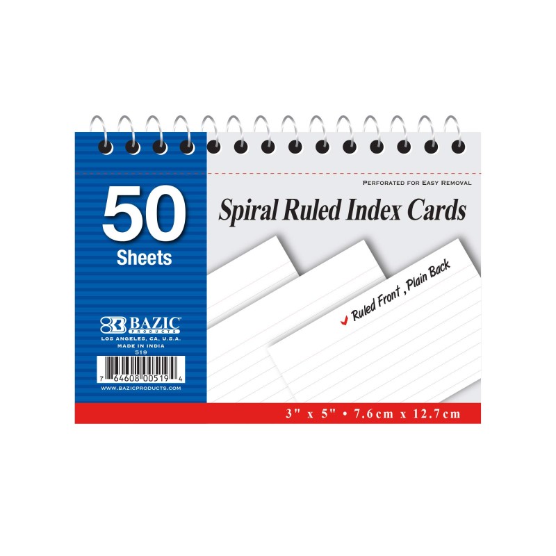 BAZIC Ruled Index Cards Book 3" X 5" 100 Count, Spiral Bound Memo, White Flashcards, Ruled Lined Card for Learning Memory Remind