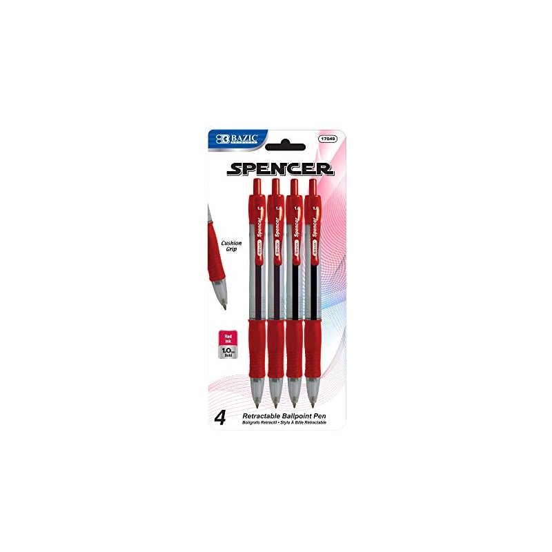 BAZIC Ballpoint Pen Spencer Red Retractable Pen Soft Barrel Grip Pens, 1.0 mm Bold Point Smooth Writing, for Office School Teach