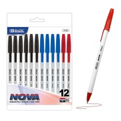 Smooth quick-dry ink, stick ballpoint pens in black, blue, red ink, 1.0 mm medium point, school, office, pocket clip