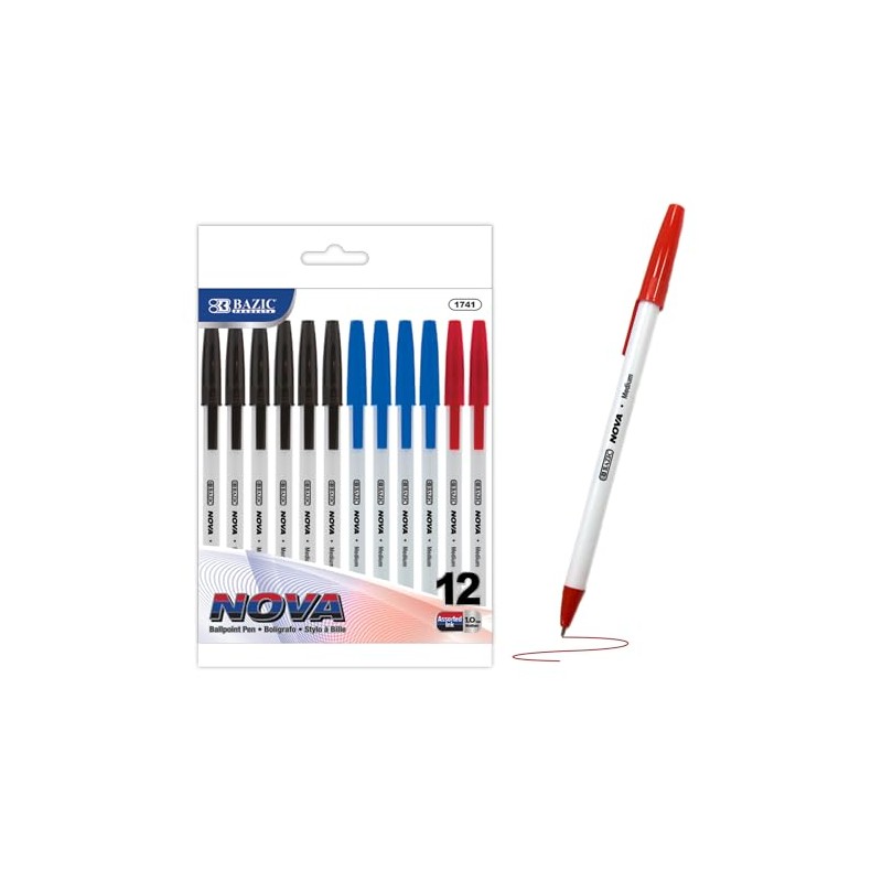 Smooth quick-dry ink, stick ballpoint pens in black, blue, red ink, 1.0 mm medium point, school, office, pocket clip