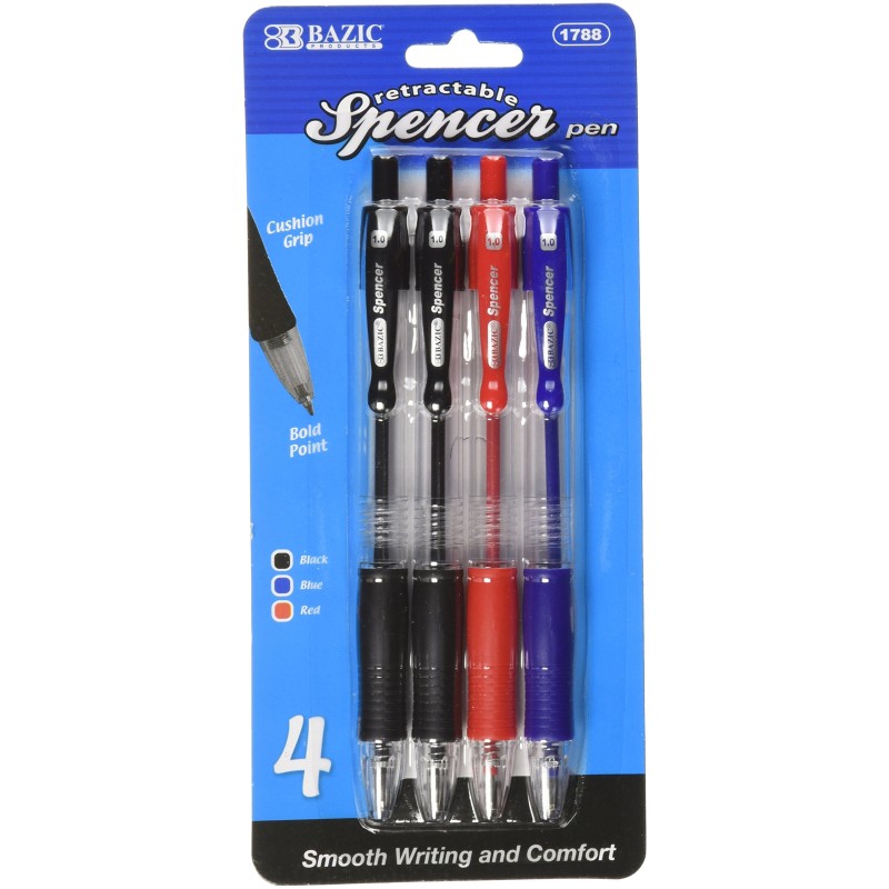 BAZIC Spencer Asst. Color Retractable Pen w/Cushion Grip (4/Pack)