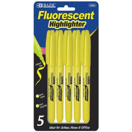 BAZIC Yellow Pen Style Fluorescent Highlighter w/Pocket Clip (5/Pk)