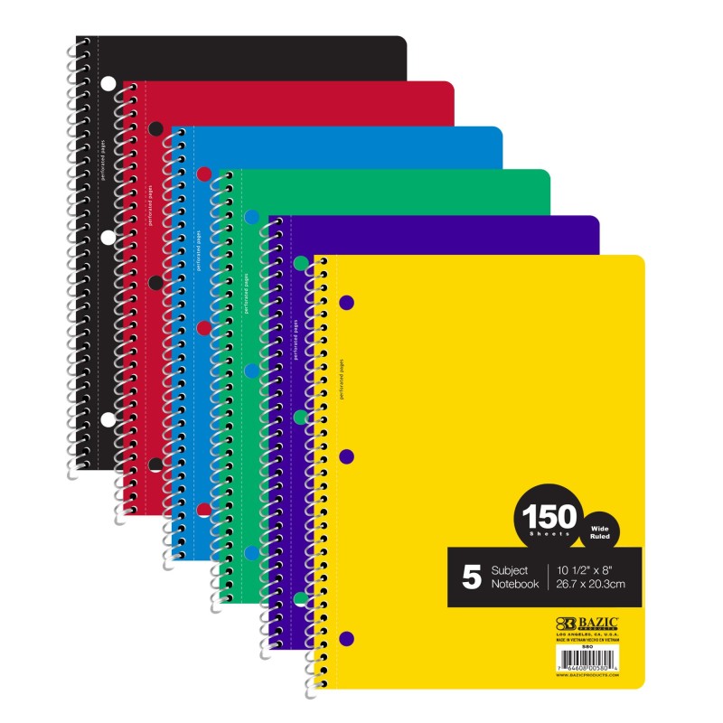 5-subject spiral notebook; 150 wide-ruled sheets; wire binding lays flat; 10.5 x 8 in