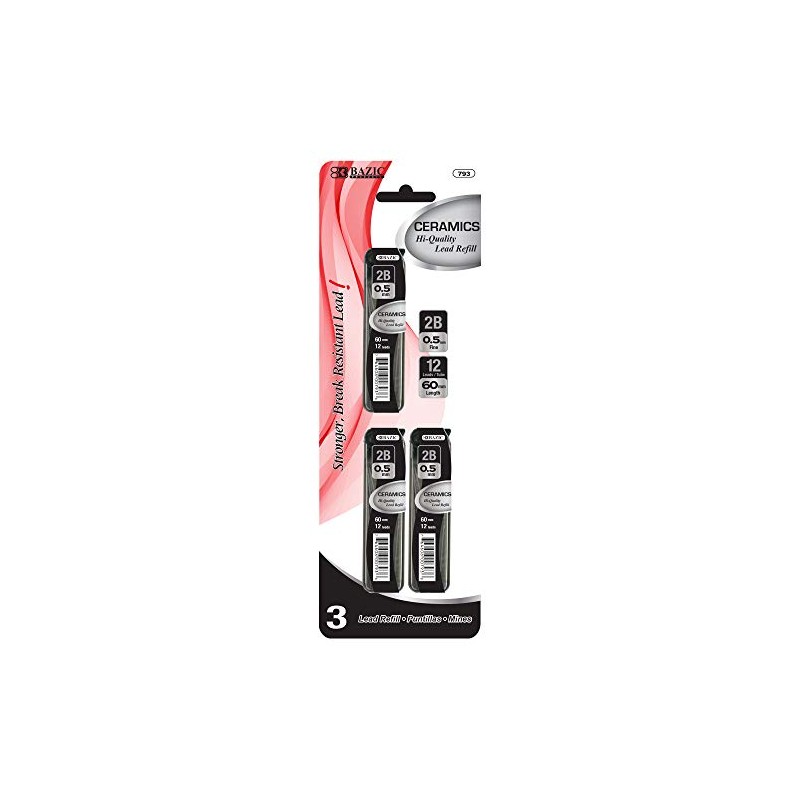 0.5 mm 2B ceramic lead, 36 pieces in 3 tubes, Fine, break-resistant, fits standard 0.5 mm pencils, N Pieces (total)