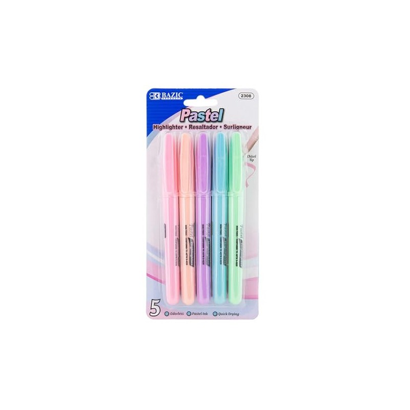 BAZIC Pen Style Highlighter with Pocket Clip, Pastel (Pack of 5)