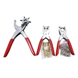 Professional Leather Hole Punch Set, 3-Piece Revolving Punch Pliers with Eyelet Press, Red Handle, Silver Metal Construction, In