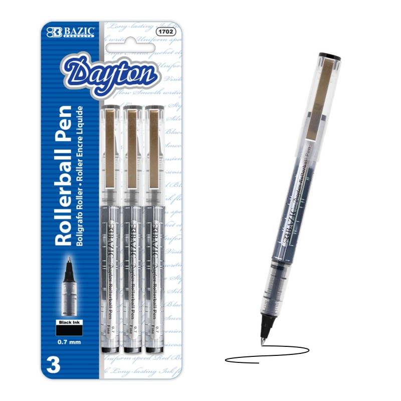 BAZIC Dayton Rollerball Pen 0.7mm Black Color, Regulator Flowing Liquid Ink Pens, Rolling Ball Pens Smooth Writing for Office (3