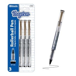 BAZIC Dayton Rollerball Pen 0.7mm Black Color, Regulator Flowing Liquid Ink Pens, Rolling Ball Pens Smooth Writing for Office (3