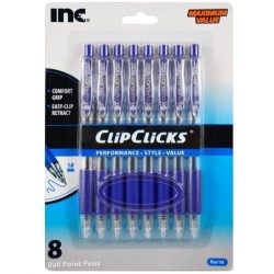 INC 8 CLIP-CLICKS COMFORT GRIP BALL POINT PENS 8 Blue Body with Blue Ink