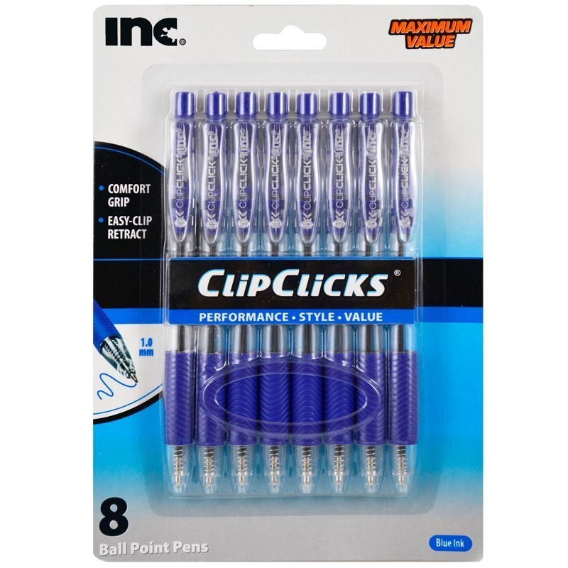 INC 8 CLIP-CLICKS COMFORT GRIP BALL POINT PENS 8 Blue Body with Blue Ink