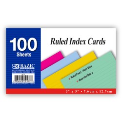 Fully colored ruled index cards in assorted colors, Whole card is colored, Ruled front, Plain back, Note card