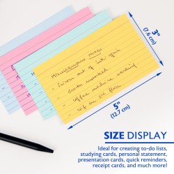 Fully colored ruled index cards in assorted colors, Whole card is colored, Ruled front, Plain back, Note card