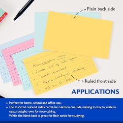 Fully colored ruled index cards in assorted colors, Whole card is colored, Ruled front, Plain back, Note card