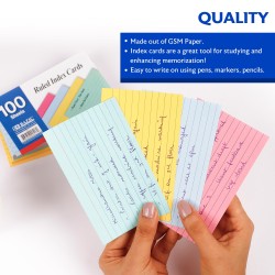 Fully colored ruled index cards in assorted colors, Whole card is colored, Ruled front, Plain back, Note card