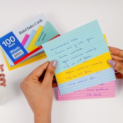 Fully colored ruled index cards in assorted colors, Whole card is colored, Ruled front, Plain back, Note card
