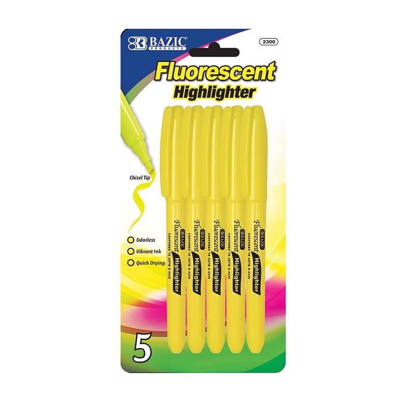 BAZIC Yellow Pen Style Fluorescent Highlighter w/Pocket Clip (5/Pk)