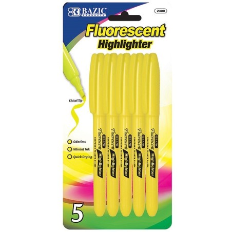 BAZIC Yellow Pen Style Fluorescent Highlighter w/Pocket Clip (5/Pk)