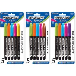 BAZIC Fancy Colors Fine Tip Permanent Markers w/ Pocket Clip (5/Pack)