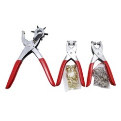 Professional Leather Hole Punch Set, 3-Piece Revolving Punch Pliers with Eyelet Press, Red Handle, Silver Metal Construction, In