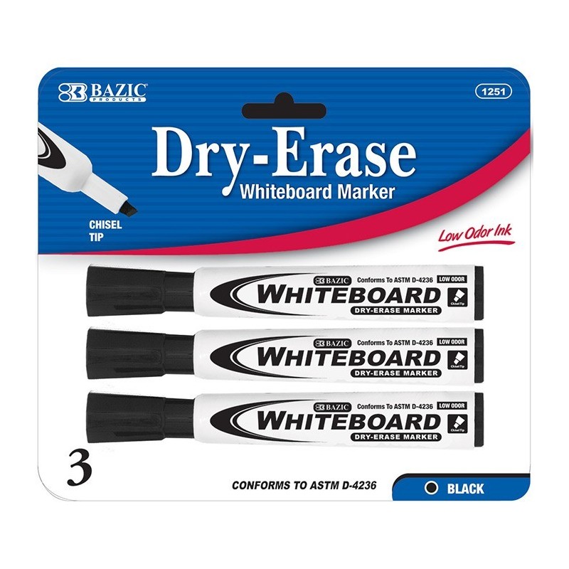 BAZIC Black Chisel Tip Dry-Erase Markers (3/Pack)