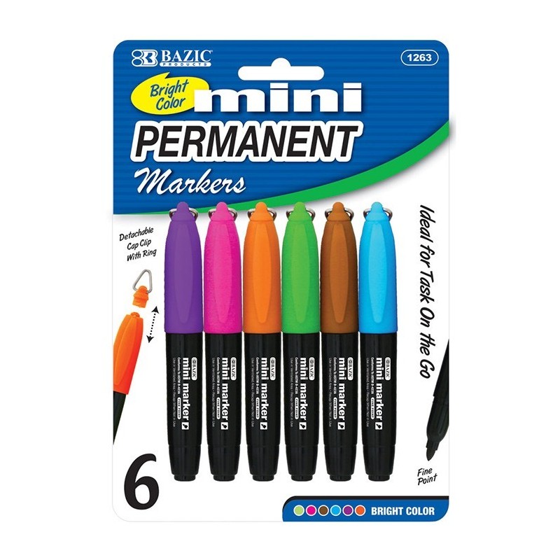 BAZIC Fancy Colors Mini Fine Point Permanent Marker w/ Cap Clip (6/Pack)