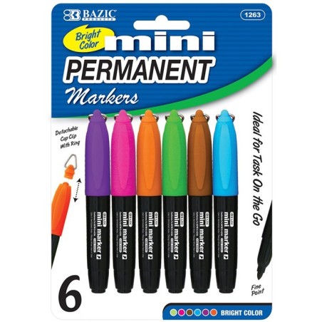 BAZIC Fancy Colors Mini Fine Point Permanent Marker w/ Cap Clip (6/Pack)
