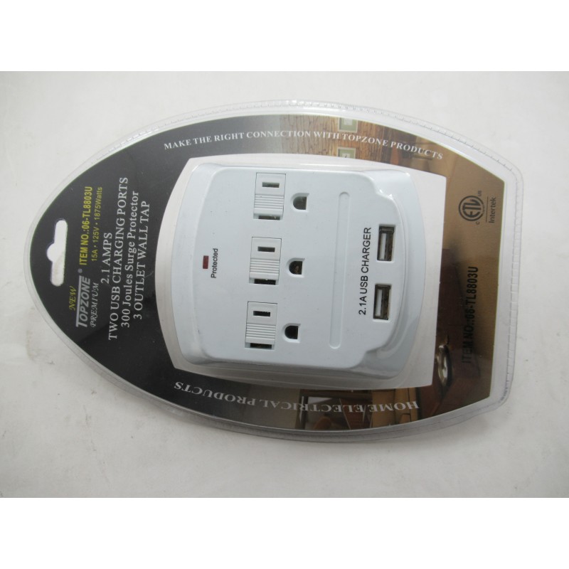 Topzone 3 AC Outlet Wall Mount Surge Protector Adapter with Dual USB Charging Ports
