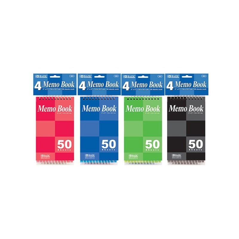 4 Pk, Bazic Top Bound Spiral Memo Books, 3-Inch-by-5-Inch, 50 Sheets (4 Per Pack, Total of 16)